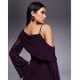 ASOS DESIGN mesh folded neckline midi dress with fallen shoulder in plum