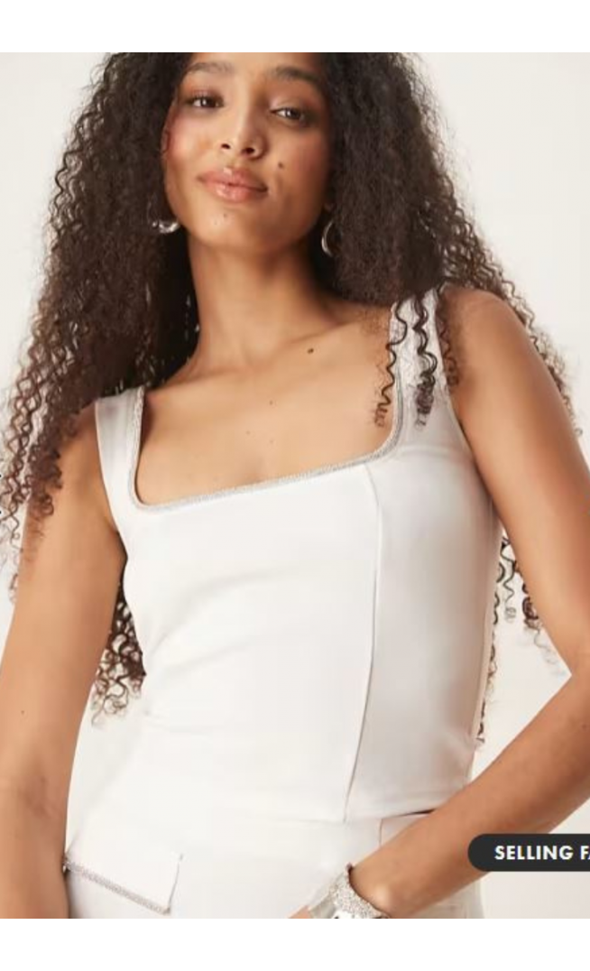 ASOS DESIGN co-ord ponte vest top with diamante trim in white