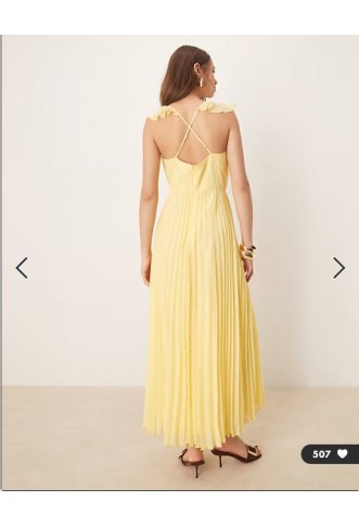 ASOS DESIGN frill wrap detail pleated midi dress in lemon yellow