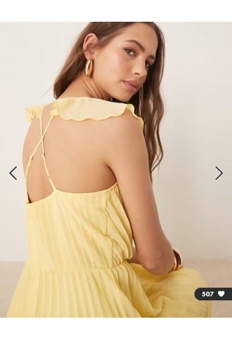ASOS DESIGN frill wrap detail pleated midi dress in lemon yellow
