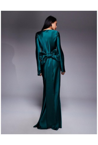 Women's Blue Satin Maxi Dress With exaggerated Bow Back