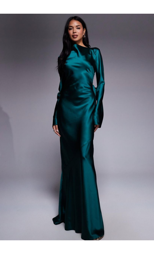 Women's Blue Satin Maxi Dress With exaggerated Bow Back
