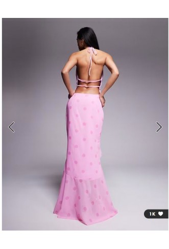 Murci exclusive halterneck deep plunge ruffle high low hem maxi dress in pink polka dot