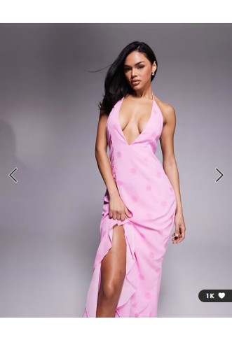 Murci exclusive halterneck deep plunge ruffle high low hem maxi dress in pink polka dot