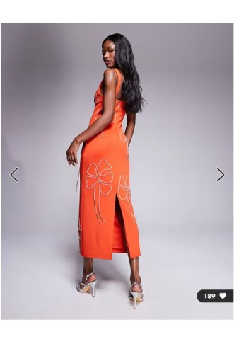 ASOS DESIGN sweetheart neckline pencil midi dress with flower chain embellishment in orange in scuba-style fabric