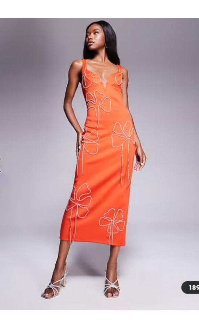 ASOS DESIGN sweetheart neckline pencil midi dress with flower chain embellishment in orange in scuba-style fabric