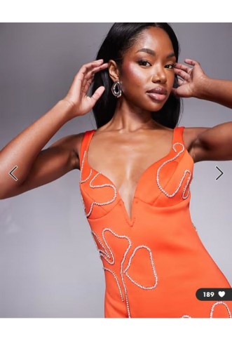 ASOS DESIGN sweetheart neckline pencil midi dress with flower chain embellishment in orange in scuba-style fabric