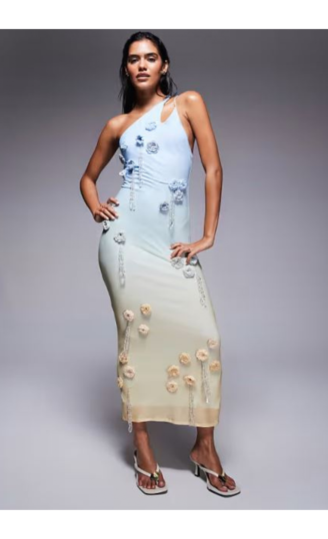 ASOS DESIGN ultimate embellished crochet maxi dress with 3d flowers in blue and lemon ombre