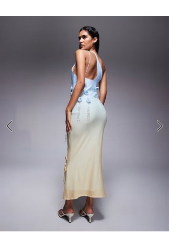 ASOS DESIGN ultimate embellished crochet maxi dress with 3d flowers in blue and lemon ombre
