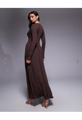 ASOS DESIGN slash neck under bust seam drape midi dress in chocolate