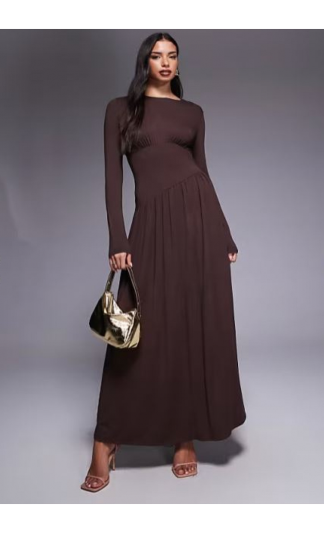 ASOS DESIGN slash neck under bust seam drape midi dress in chocolate