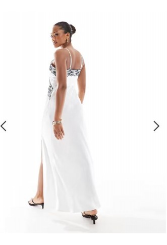 4th & Reckless contrast lace detail thigh slit satin camisole maxi dress in white