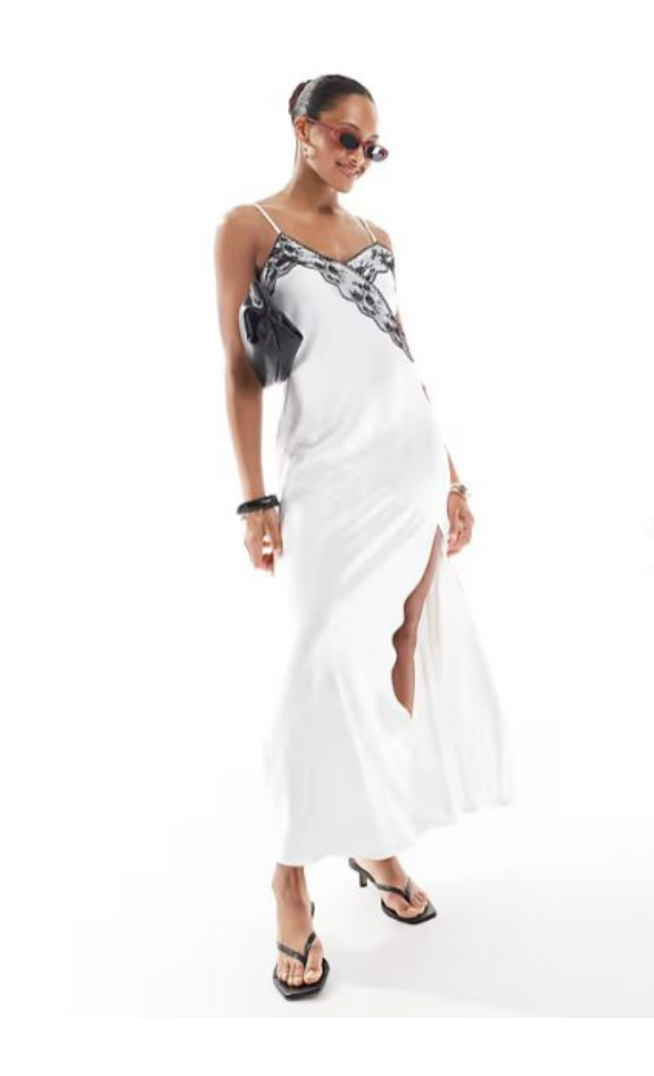 4th & Reckless contrast lace detail thigh slit satin camisole maxi dress in white