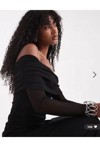Vero Moda long sleeve mesh bardot dress in black