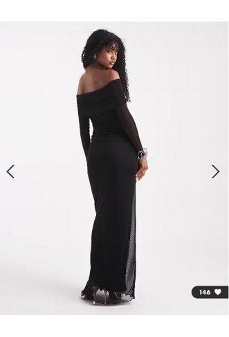 Vero Moda long sleeve mesh bardot dress in black