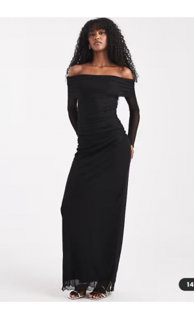 Vero Moda long sleeve mesh bardot dress in black
