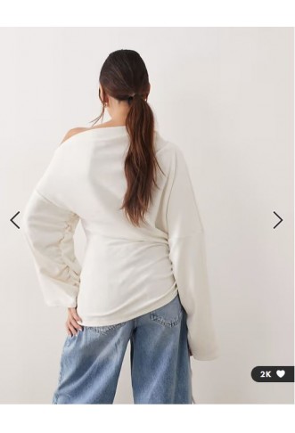 ARRANGE jersey off shoulder wide sleeve top with ruched hem in white