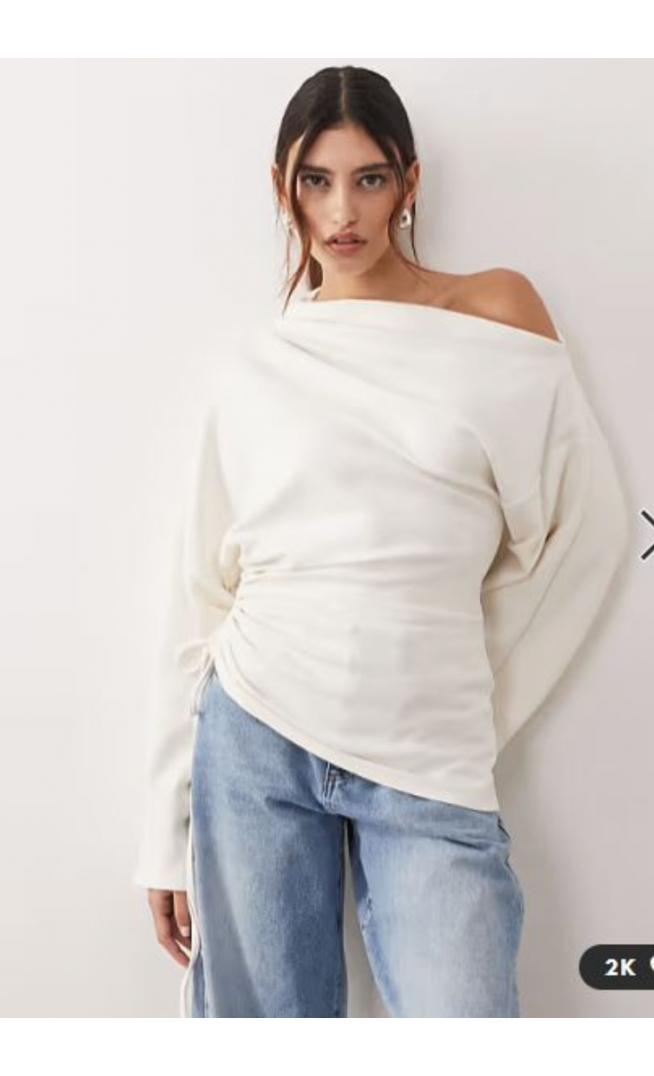 ARRANGE jersey off shoulder wide sleeve top with ruched hem in white