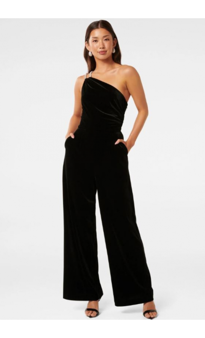 Forever New Black Costanza Diamante Velvet Jumpsuit