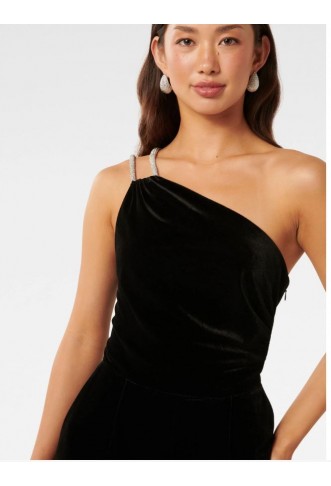 Forever New Black Costanza Diamante Velvet Jumpsuit