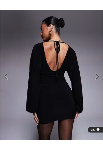 ASOS DESIGN long sleeve with tie open back mini dress in black