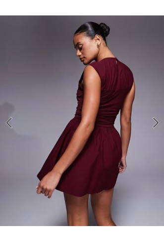 ASOS DESIGN woven mx waisted wrap detail mini dress in burgundy