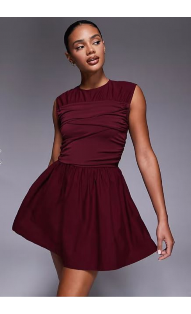 ASOS DESIGN woven mx waisted wrap detail mini dress in burgundy