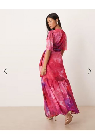 Hope & Ivy Petite flutter sleeve maxi wrap dress in bright pink print