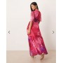 Hope & Ivy Petite flutter sleeve maxi wrap dress in bright pink print