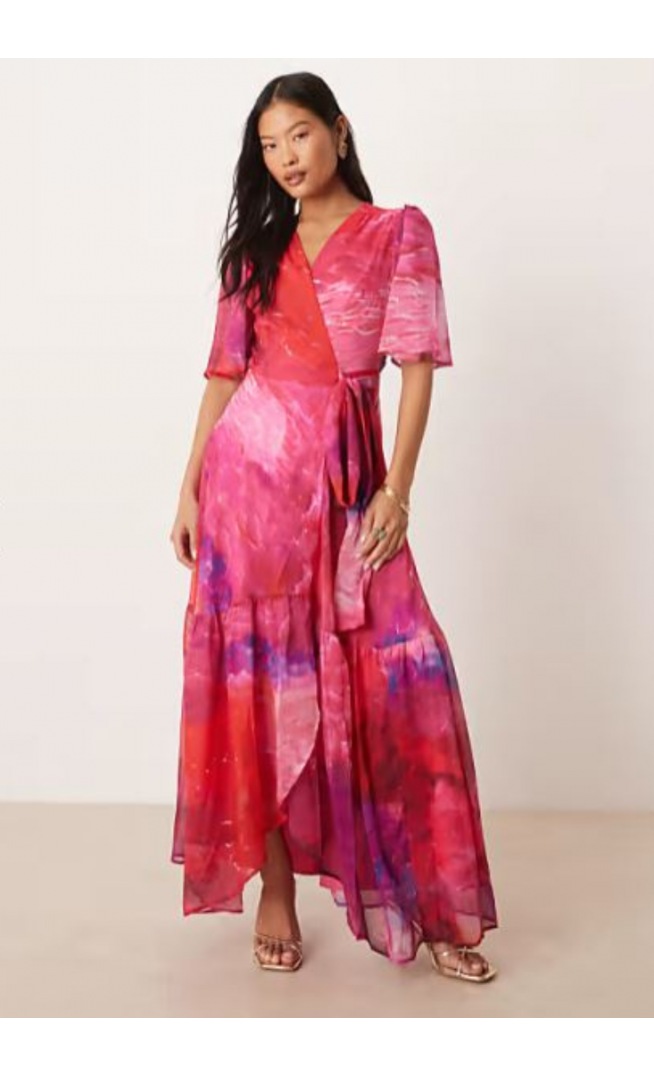 Hope & Ivy Petite flutter sleeve maxi wrap dress in bright pink print