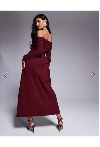 ASOS DESIGN bengaline long sleeve bardot midi dress in burgundy