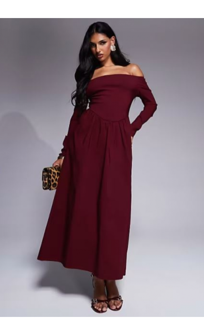 ASOS DESIGN bengaline long sleeve bardot midi dress in burgundy