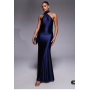 Rare London stretch satin asymmetric scarf detail maxi dress in navy