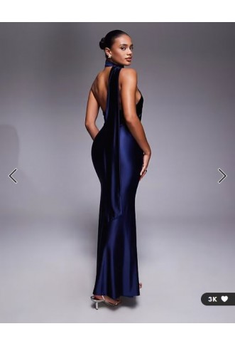 Rare London stretch satin asymmetric scarf detail maxi dress in navy