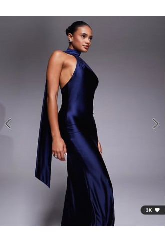 Rare London stretch satin asymmetric scarf detail maxi dress in navy