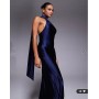 Rare London stretch satin asymmetric scarf detail maxi dress in navy