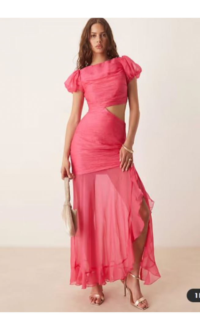 ASOS DESIGN ruched bodice cut out dropped waist maxi dress in raspberry
