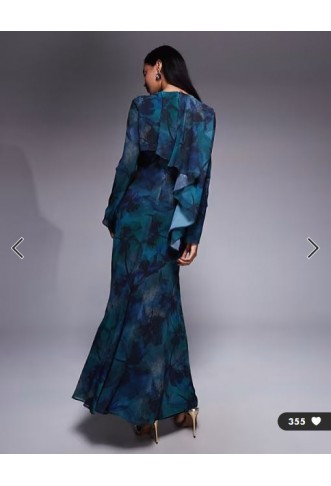 Daska ruffle cape maxi dress in deep blue abstract print