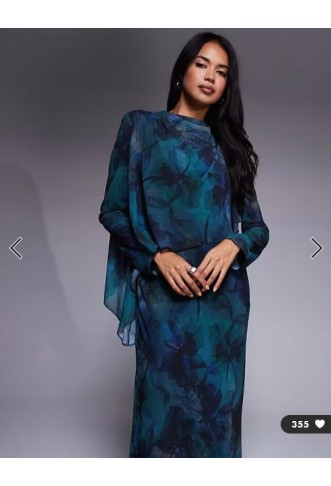 Daska ruffle cape maxi dress in deep blue abstract print