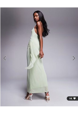 ASOS DESIGN mesh halterneck midi dress with sweeping sash skirt in sage green