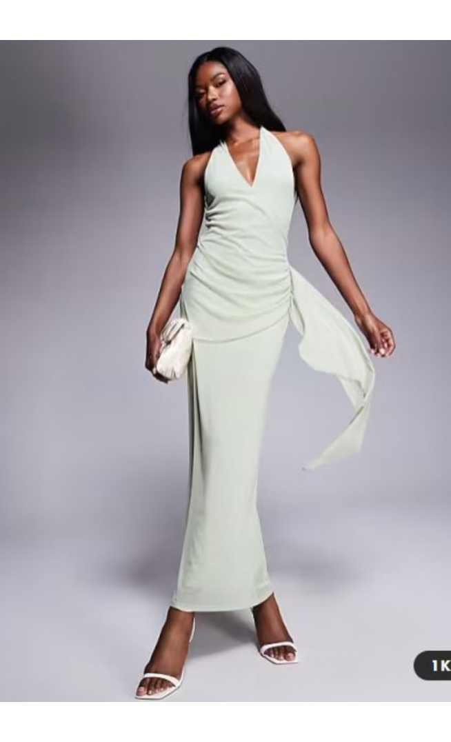 ASOS DESIGN mesh halterneck midi dress with sweeping sash skirt in sage green