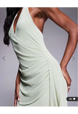 ASOS DESIGN mesh halterneck midi dress with sweeping sash skirt in sage green