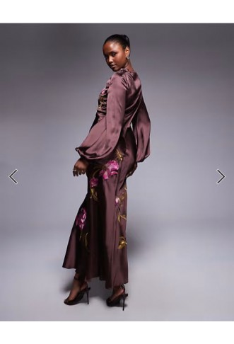 ASOS DESIGN cowl neck floral embroidered bias maxi dress with blouson sleeve in chocolate