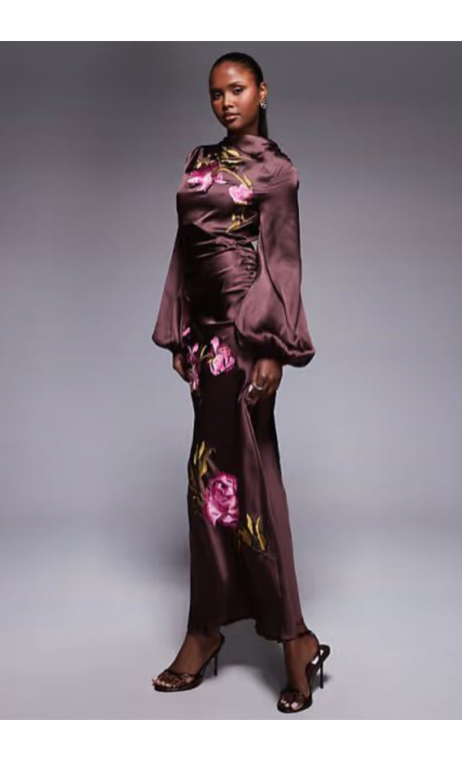 ASOS DESIGN cowl neck floral embroidered bias maxi dress with blouson sleeve in chocolate