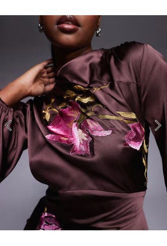 ASOS DESIGN cowl neck floral embroidered bias maxi dress with blouson sleeve in chocolate