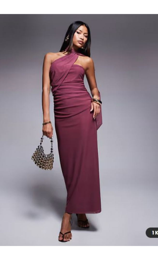 ASOS DESIGN bandeau mesh maxi dress with scarf detail in dusky pink