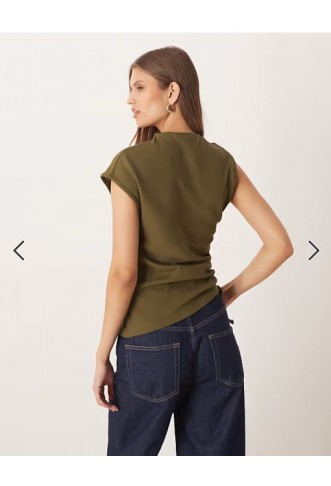 ASOS DESIGN rib grown on neck top with ruched side in khaki