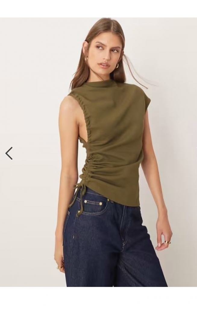 ASOS DESIGN rib grown on neck top with ruched side in khaki