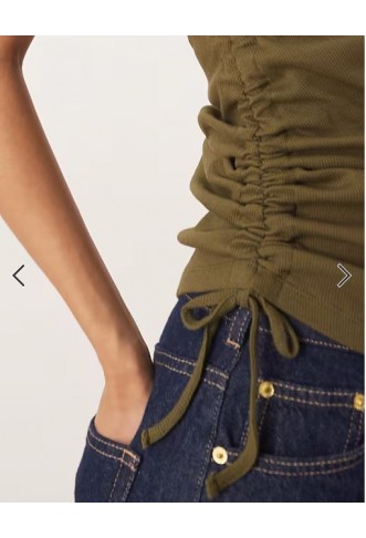 ASOS DESIGN rib grown on neck top with ruched side in khaki