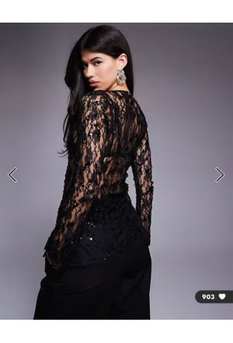 ASOS DESIGN delicate lace embellished square neck long line top in black